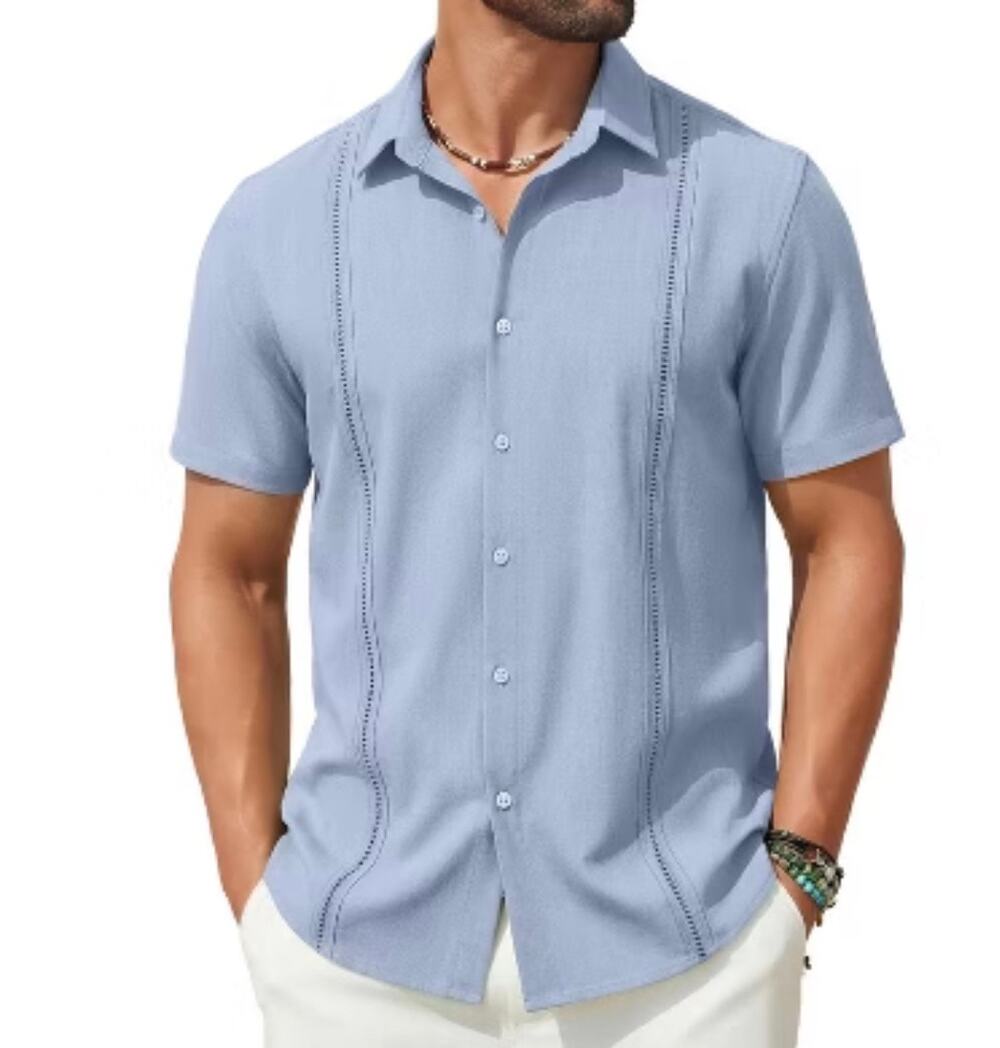 Coofandy Mens Blue Short Sleeve Cuban Guayabera Button Shirt Casual Beach Top XL
